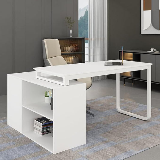 Hitow Reversible Office Desk with Storage Cabinet Executive Computer Desk Writing Table Rotatable to 96.4 Wide or as L Shape Desk Metal Legs Corner Workstation for Home Office White
