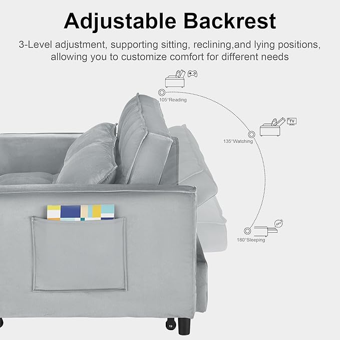 Convertible Sofa Bed 3 in 1 Sleeper Sofa with Adjustable Backrest Pull Out Couch Loveseat with 2 Pillows &amp Side Pockets for Living Room Bedroom Apartment 55 Velvet | Light Gray