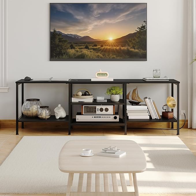 HOOBRO TV Stand with Power Outlets to 75 Inches TV Console Table with Open Storage Shelves Cabinet Industrial Media Entertainment Center for Living Room Bedroom Black BB60DS01