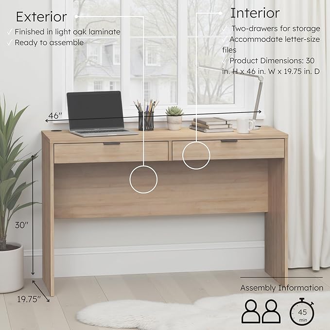 Prepac 46 Writing Desk – Computer Desk with 2 Drawers Light Oak Office Desk for Home Office or Bedroom