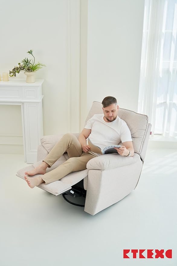 Reclining Sofa Rocking Recliner Chair Manual Adjustable 360 Swivel with Ergonomics Overstuffed Lumbar Arm Support Natural Fabric Surface Made for Living Room Bedroom Nursery Milk White