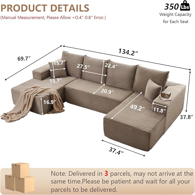 134.2 Modular Sectional Sofa Modern Corduroy Cloud Couch with Deep Seat Boneless Couch Upholstered 4-Seater U-Shaped Sofa for Living Room No Assembly Required (Camel)