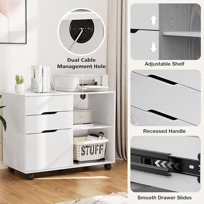 File Cabinet with 3 Drawers Mobile Lateral Filing Cabinet with Open Storage Shelves for Home Office Under Desk Storage White