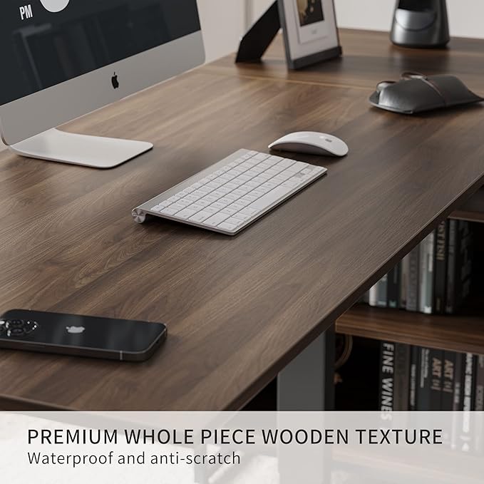 FEZIBO 66 Inch Executive L Shaped Standing Desk with 2-Drawer File Cabinet Electric Height Adjustable Stand up Desk Home Office Modern Wood Computer Desk with Shelves Black Frame/Dark Walnut Top