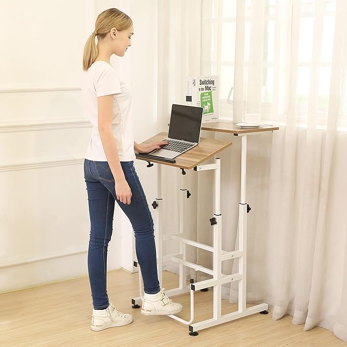 SDADI L101XWFDT Adjustable-Height Steel-Framed Mobile Standing Office Computer Desk with 2 Tiers and Lockable Caster Wheels Dark Grain