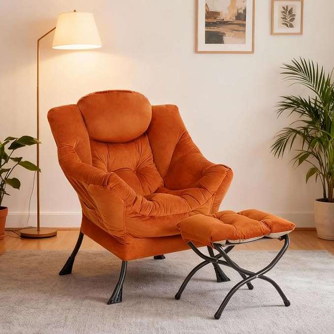 Lazy Chair with Ottoman Modern Accent Chair Contemporary Sofa Chair with Armrests Reading Chair and Folding Footstool Set for Living Room Bedroom Orange