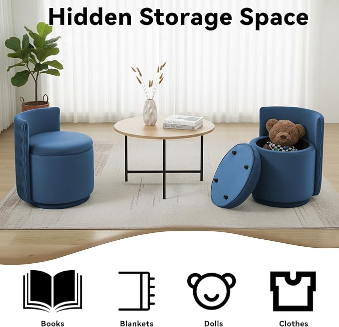 360° Swivel Velvet Vanity Chair with Storage Barrel Makeup Chair with Wave Back No Assembly Upholstered Vanity Small Accent Chairs for Living Room Blue