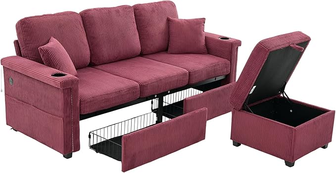76'' Sectional Sofa Couches for Living Room 3 Seat L-Shaped Couch with Storage &amp Ottoman Corduroy Convertible Sofas with Chaise Apartment with USB Charging Cup Holder (Wine Red)