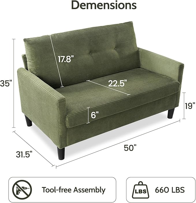 WEUP 50 Small Loveseat Sofa Small Couch for Living Room Bedroom Office Green Corduroy Comfy Love Seat with Spring Cushion Solid Wood Frame Tool-Free Assembly Green Corduroy