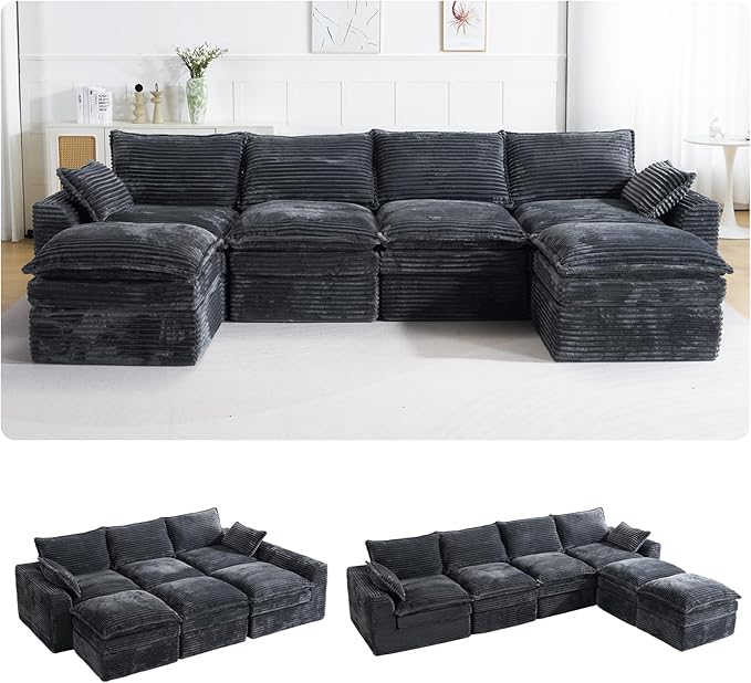 145 Cloud Sectional CouchOversized U Shaped Boneless Couch with OttomanDeep Seat Modular Sectional Sofa for Living Room with Side Pockets No AssemblyCorduroyGrey