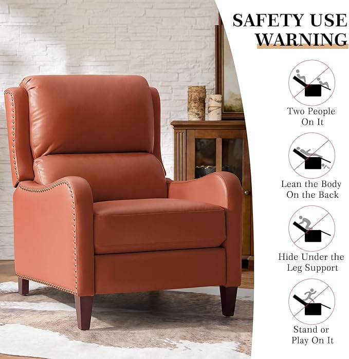HULALA HOME Genuine Leather Recliner Chair Modern Push Back Recliner Armchair with Thick Seat Backrest &amp Footrest Nailhead Decor for Living Room Bedroom Brick
