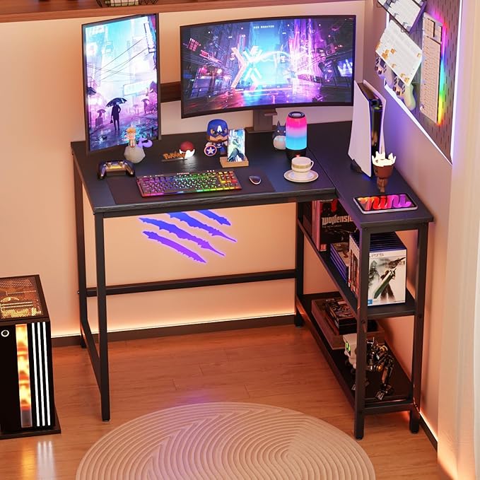 L Shaped Computer Desk 39 Inch Corner Desk with Reversible Storage Shelves Home Office Desk with Metal Frame Modern Simple Style for Home Office Living Room Bedroom Black
