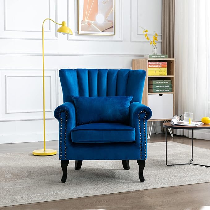 Accent Reading Arm Chairs Midcentury Modern Comfy Corner Sofa Chair Wingback Waiting Room Club Chair with Tufted Back for Living Room/Bedroom/Reception Room Velvet Blue
