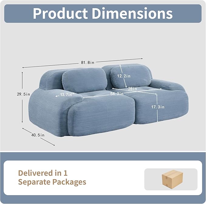 81.8” Cloud Boneless Loveseat Sofa Corduroy Modular Sectional Sofa Comfy 2 Seater Small Couch for Small Space Deep Seat Modern Upholstered Couches for Living Room No Assembly Required