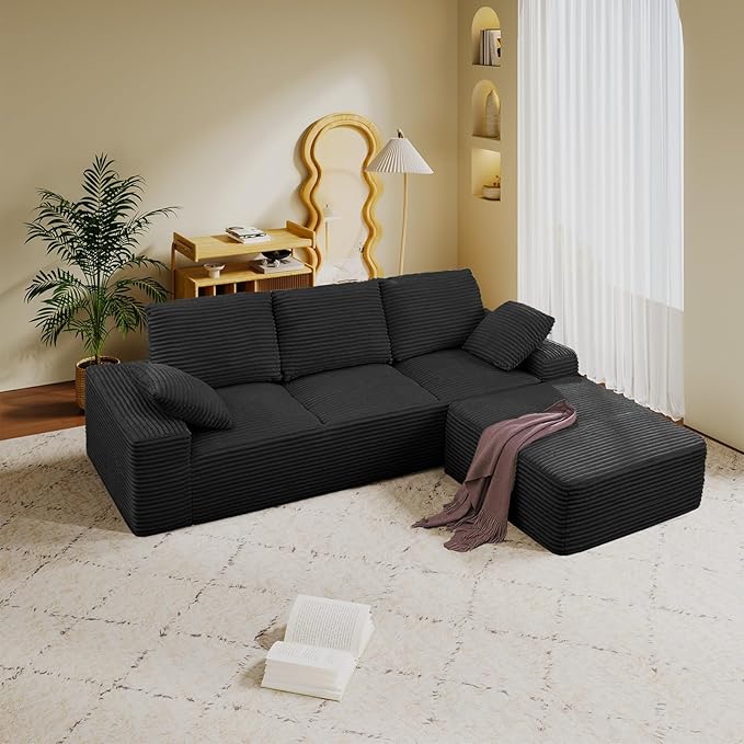 Oversized Convertible L Shaped Sectional Sofa Cloud Couch with Movable Ottoman 103.5 Inch 4 Seat Corduroy Boneless Sofa Set No Assembly Required Floor Couch with Throw Cushions for Living Room