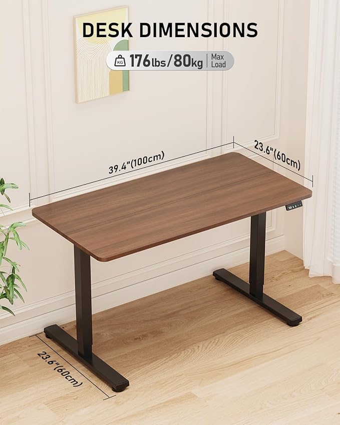 Standing Desk Small Height Adjustable Electric Stand up Desk 40 x 24 Sit Stand Computer Home Office Desk with Splice Board Black Frame/Walnut Top