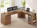 SEDETA 67 Farmhouse L Shaped Desk with 3 Drawers Executive Home Office Desks with Storage Shelves Corner Computer Desk with Power Outlets for Home Office Brown