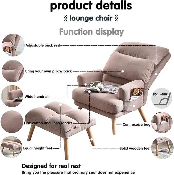 HOOOWOOO Living Room ChairLiving Room Set with Recliner Accent Chair and Ottoman with Side BagsPink Linen