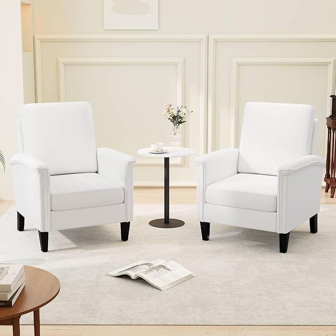 GOFLAME Modern Accent Chair Comfy Upholstered Armchair with Rubber Wood Legs and Thick Padded Cushion High Back Single Sofa Chair Reading Side Chair for Living Room Bedroom White