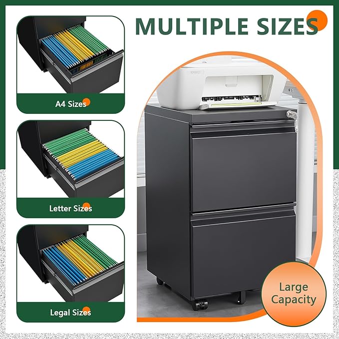 File Cabinet 2 Drawers on Wheels Under Desk Black Metal Rolling File Cabinets with Lock for Home Office Un-Assembled Filing Cabinet with Lock (2 Drawer Black)