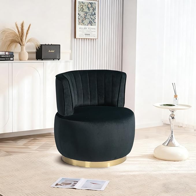 360 Degree Swivel Accent Chair Comfy Round Swivel Barrel Chair with Mental Base Upholstered Cozy Reading Armchairs Modern Lounge Sofa Chairs for Living Room Bedroom Club Office(Velvet Black)