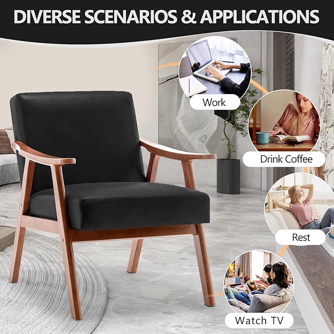 Fefances Mid-Century Modern Accent Chair - Solid Wood Frame Ultra-Thick Backrest Wingback Design Perfect for Bedroom &amp Indoor Lounge AreaBlack