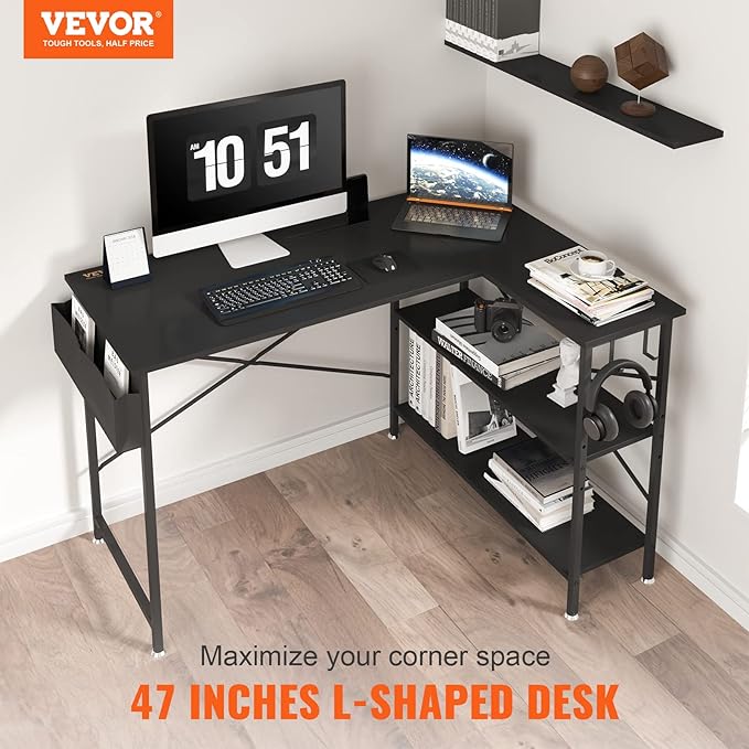 VEVOR L Shaped Computer Desk 47' Corner Desk with Storage Shelves Bag Phone Slot and Headphone Hook L Shaped Office Desk Gaming Desk for Home Office Workstation Black