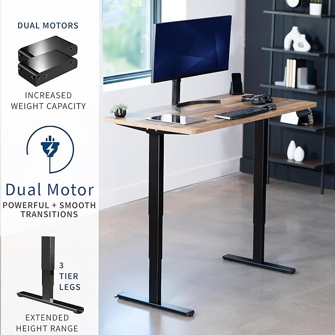 VIVO Electric 55 x 28 in Dual Motor Sit Stand Desk Memory Height Adjustment 2B Series Reclaimed Wood Top Black Frame DESK-KIT-2B55P