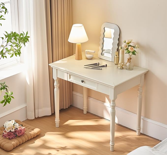 French Country Style Writing Desk35 Solid Wood Farmhouse Computer Table with DrawersRustic White Finishfor Home Office Study or Living Room Workspace