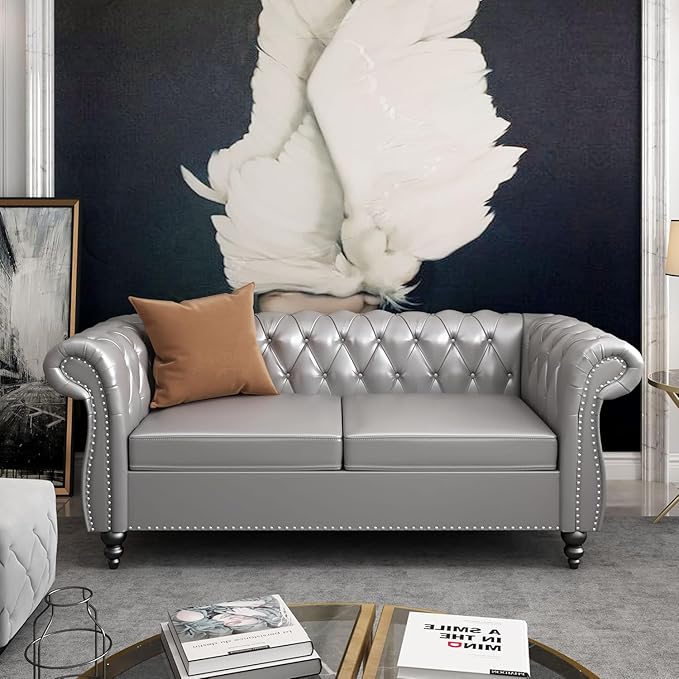AVZEAR Chesterfield Loveseat Mid-Century PU Upholstered Loveseat Sofa Modern 2 Seater Couch Style Button Tufted Grey