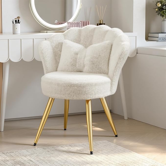Plush Velvet Sherpa Accent Chair with Gold Metal Legs Fluffy Vanity Chair for Makeup Room Upholstered Guest Chair for Living Room for Bedroom Cream White