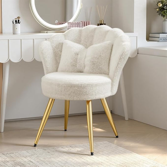 Plush Velvet Sherpa Accent Chair with Gold Metal Legs Fluffy Vanity Chair for Makeup Room Upholstered Guest Chair for Living Room for Bedroom Cream White