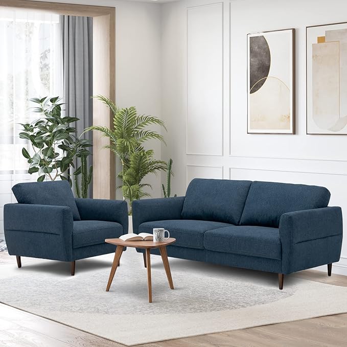 Giantex Loveseat and Armchair Set Upholstered 2-Seat Couch and Single Sofa with Solid Wood Frame Mid-Century Modern Furniture for Living Room Small Spaces Bedroom Apartment Reception Room Blue
