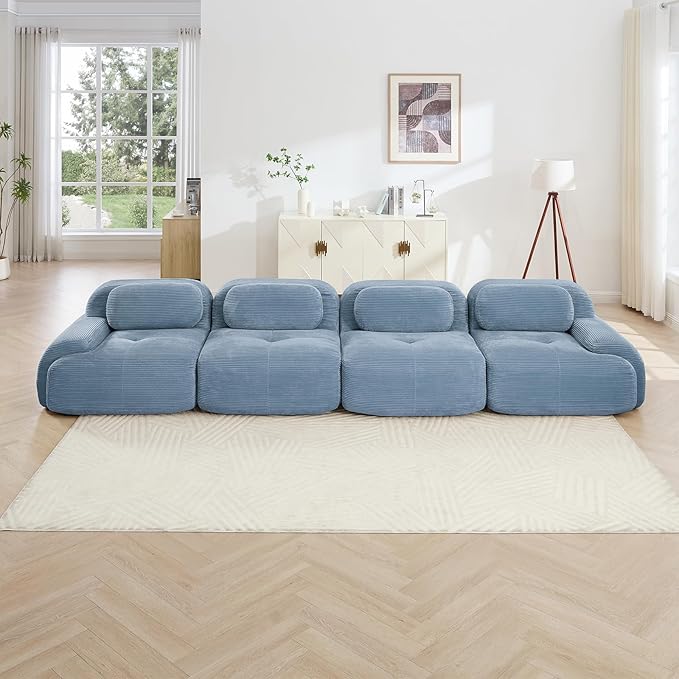 152 Modern Compressed Boneless Couch 4 Seater Sectional Couches for Living Room Blue Corduroy Cloud Modular Sectional Sofa Comfy Memory Foam Extra Deep Sofas para Sala No Assembly