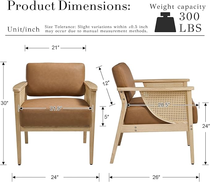 Mid-Century Accent Chair Modern Rattan Armchair PU Leather Lounge Chair with Wood Legs Upholstered Leisure Chair for Living Room Bedroom Reception Room Brown