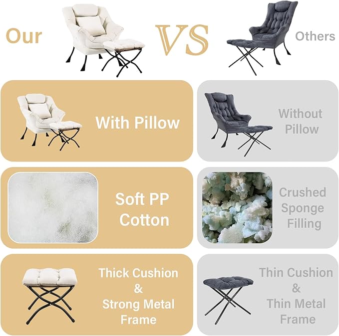 Lazy Chair with Ottoman Comfy Reading Lounge Chair with Footstool &amp Throw Pillow Modern with Armrests &amp Side Pocket for Living Room Bedroom Dorm Room Velvet Beige