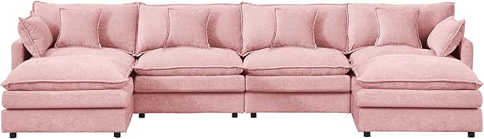 Harper &amp Bright Designs 130.7 Modular Sectional Sofa U-Shaped Cloud Couch Set with 2 Movable Ottomans 4-Seater Comfy Chenille Sofa for Living Room DIY Combination (Pink)