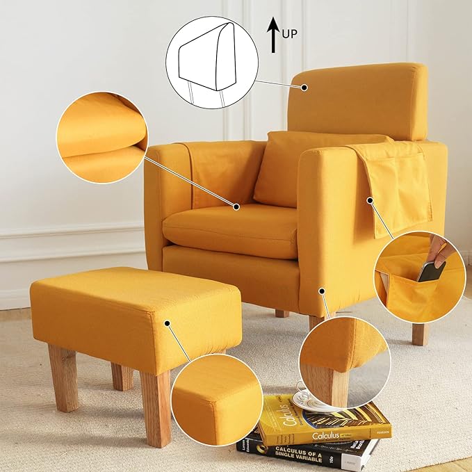 TAKUKA Modern Accent Chair with Ottoman SetComfy Fabric Armchair with Footrest Upholstered Chair with Side Pocket Soft Reading Lounge Chair for Living RoomBedroomOffice(Yellow)