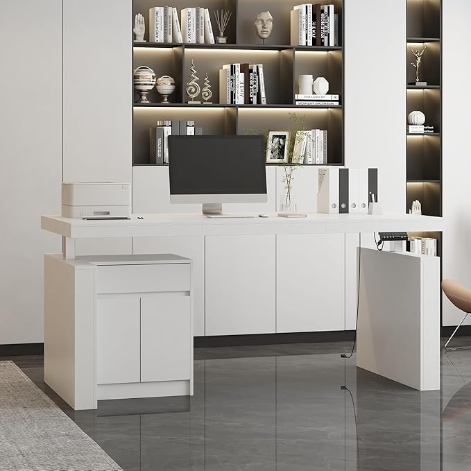 Electric Standing Desk 29.5-44.1 Height Adjustable Computer Desk with Drawer and Storage Cabinet Memory Study Writing Gaming Table for Home Office White