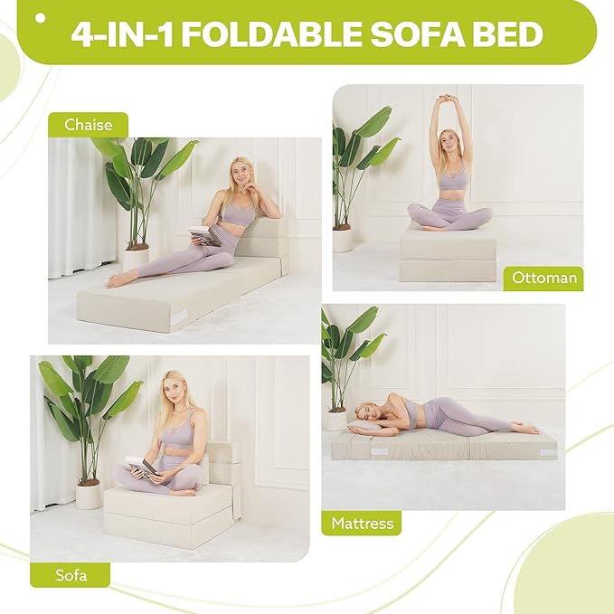 Folding Sofa Bed 4 in 1 Convertible Fold Out Single Chair Bed with Pillow Memory Foam Futon Chair Foldable Futon Couch Foldable Sofa Mattress for Living Room Bedroom Guest Room Beige