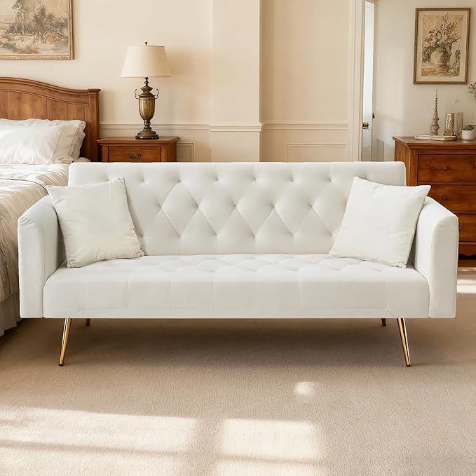 71 Velvet Futon Sofa Bed Convertible Sleeper Couch with 2 Pillows - Modern Loveseat Small Sofa 3-Angle Adjustable Backrest Golden Metal Legs for Living Room Bedroom Apartment Easy Assembly (Beige)