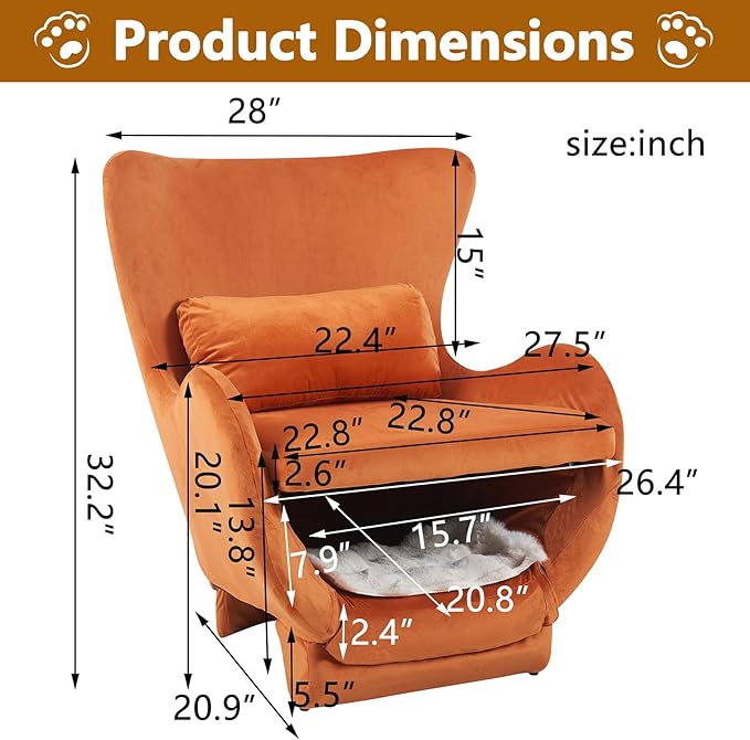 Orange Accent Chair with Curved Arms Velvet Upholstered Wingback Chair with Lumbar Pillow Comfy Reading Chair with Cat House for Bedroom Living Room 300 LBS Capacity (B)