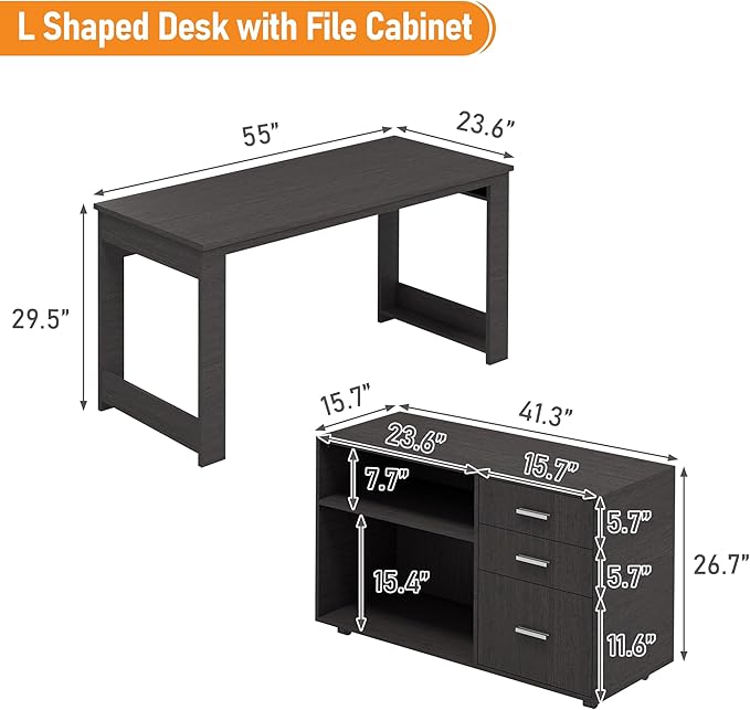 MU 55inch White L Shaped Desk Corner Computer Desk with 3 Drawers and 2 Shelves Writing Office Table with Storage File Cabinet Large Executive Desk with Wheels for Home Office Bedroom (Grey)