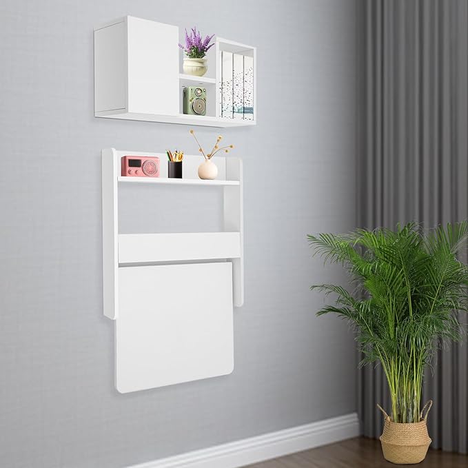 Wall Mounted Folding Table Solid Wood Floating Desk for Small Spaces with Storage Shelves Fold Down Laptop Desk Functional Hanging Bookshelf for Home Living Room Office (White)