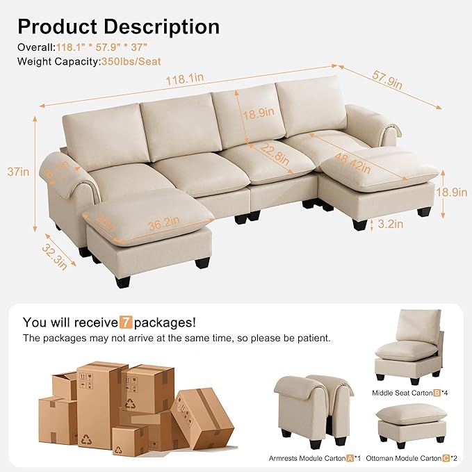 118 Faux Leather Modular Sectional Sofa with 2 Ottoman Oversized 4 Seater Couch with Curved Armrests Cloud Modern U-Shaped Sofa Deep Seat for Living Room Beige