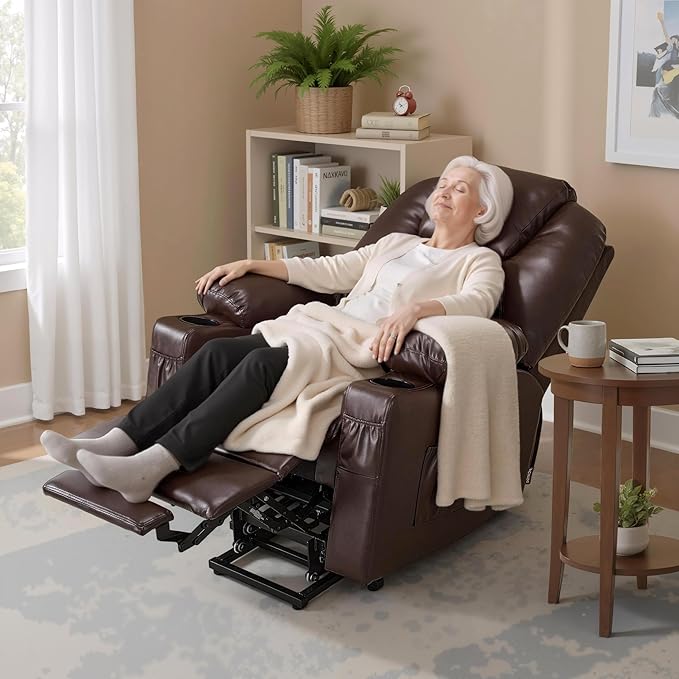 MCombo Power Lift Recliner Chair for Elderly Lift Chair with Heat and Massage FSC Certified USB Ports Cup Holders Faux Leather 7141 (Dark Brown Small)