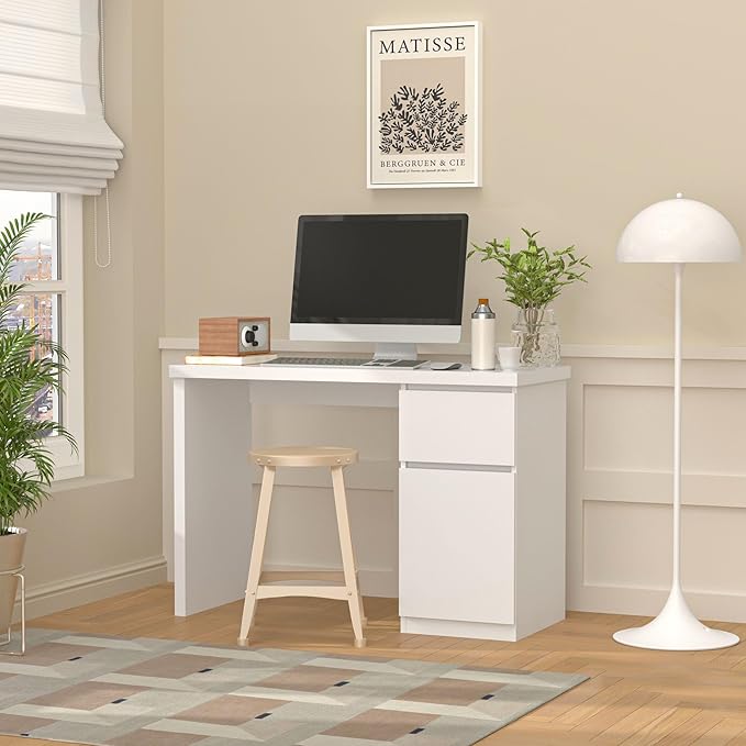 furtble White Desk with Drawers 43 Inch Small Cute Desk for Bedroom Home Office PC Desks Workstation Study Table Desks with Storage White