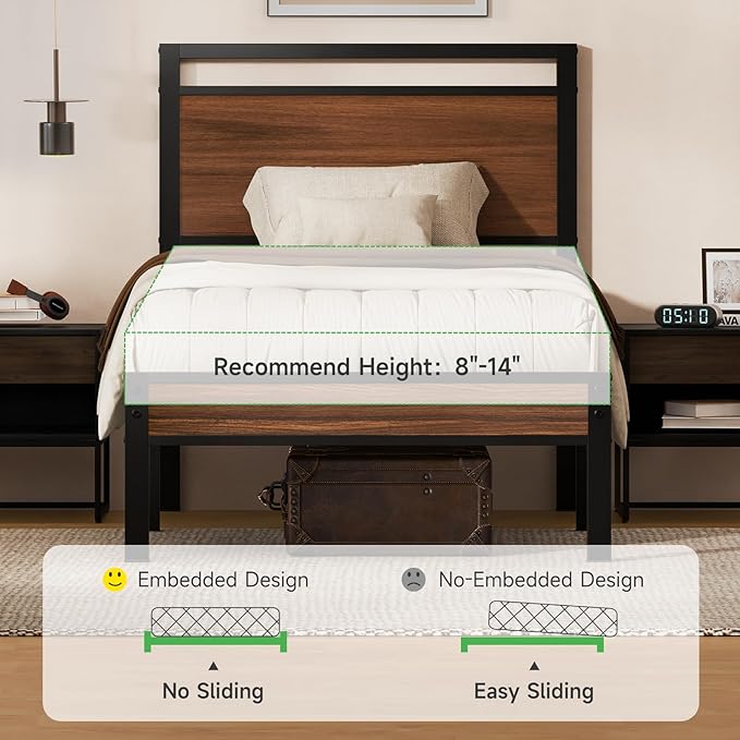 Z-hom Upgraded Twin Bed Frames Heavy Duty Metal Sturdy Bed Frame Twin Size with Modern Wood Headboard &amp Footboard Stable Platform Bed Furniture Bed Storage No Noise No Box SpringsWalnut