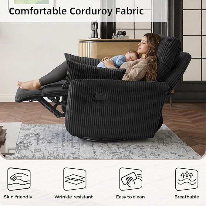 Swivel Recliner Chair for Adults Corduroy Nursery Glider Rocking Chair Armchair with 2 Pillows Comfy High Back Reclining for Small Spaces Nursery Bedroom Living Room (Corduroy Black 1 Pack)