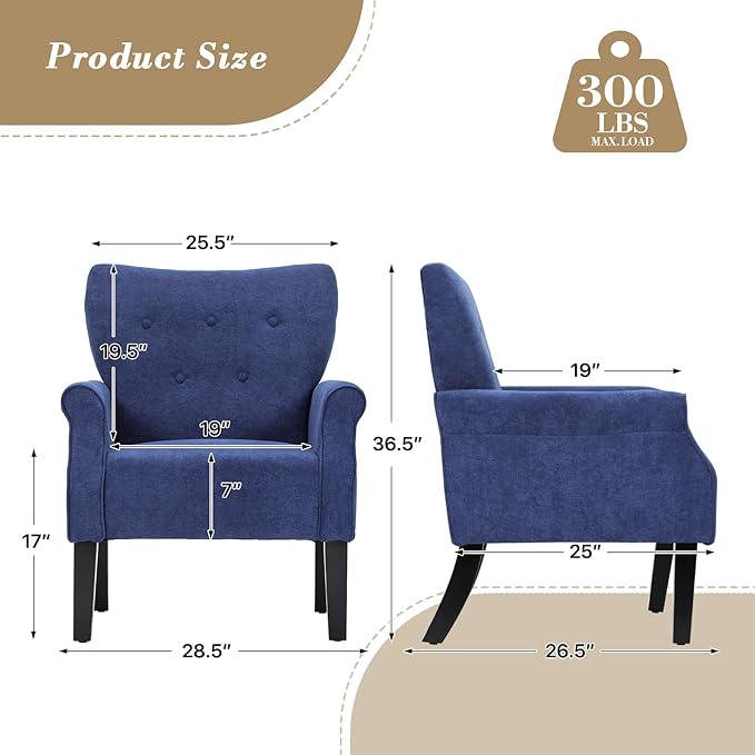 Athena Collection Mid Century Accent Chair with Rubberwood Legs Upholstered Modern Armchair with High Back Tufted Backrest and Angled Back Legs for Living Room Bedroom Vanity Navy Blue